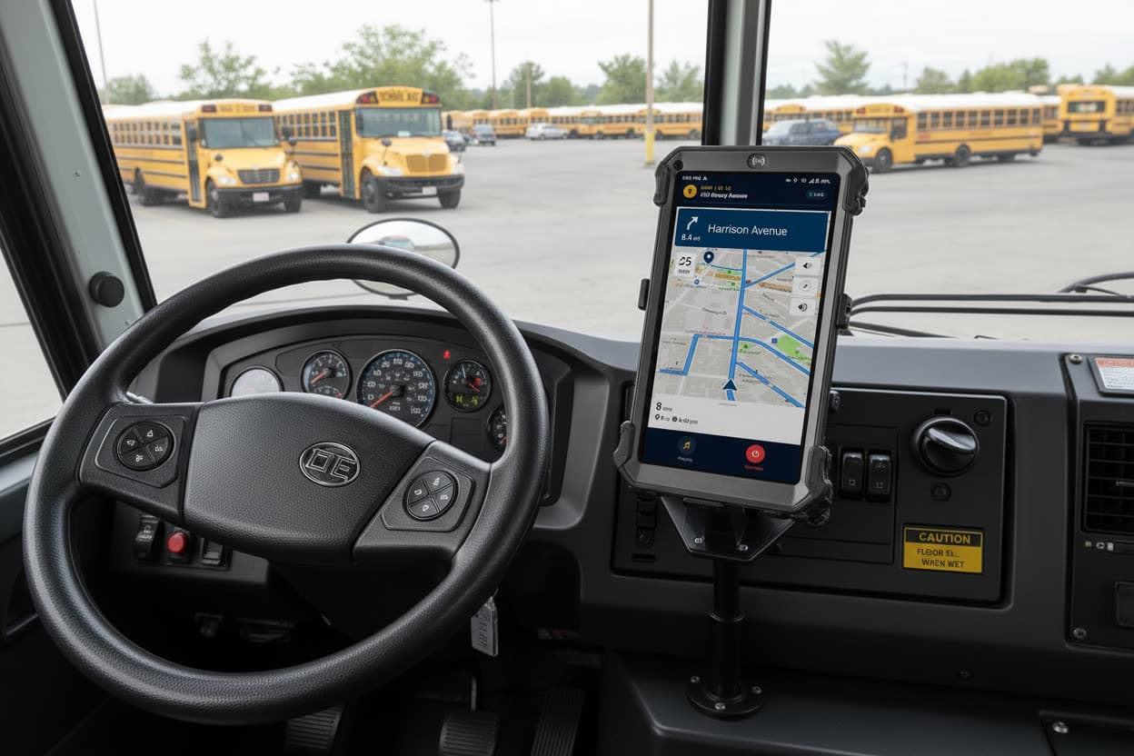 EtaTrack on a phone mounted in a school bus