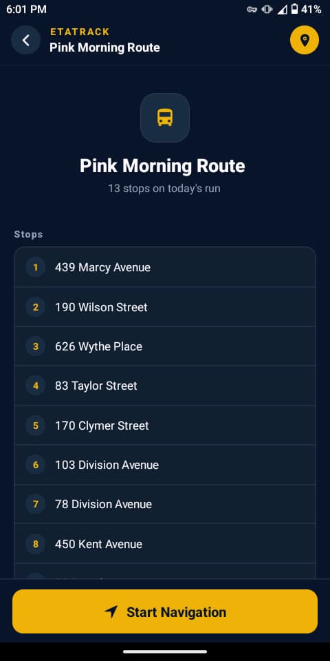 Route stops list in the EtaTrack app